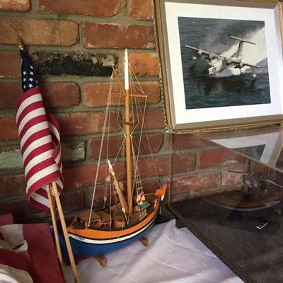Wooden Boat Model and Military Items.