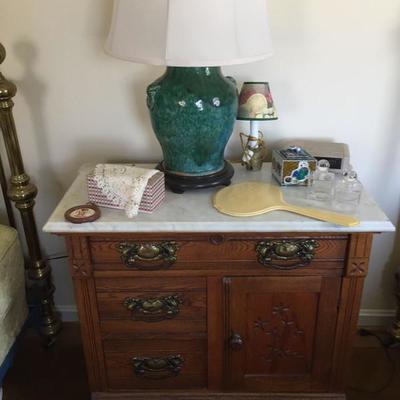 Marble Top Cabinet and Lamp.