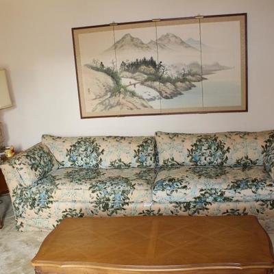Mid Century couch, Oriental screen, side tables