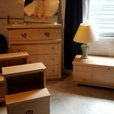Blond Post Modern Dresser, Night Stands Harmony House) and Dresser with Mirror (not seen) and Trunk (lane) 