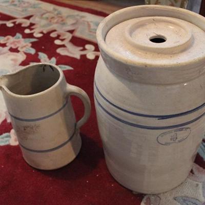 Antique Lidded Crock, Marshall Pottery, and Pitche
