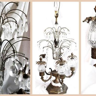 Antique Victorian brass, marble and crystal lamp
