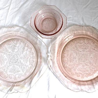 Lot of Pink Depression Dishes, 2 Plates, 1 Bowl
