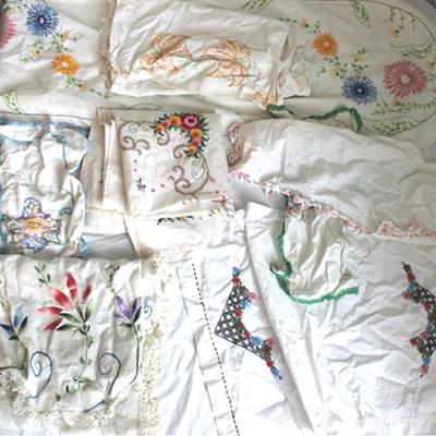 Box Lot of Embroidered Linens
