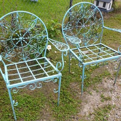 Pair of 2 turquoise metal outdoor chairs
