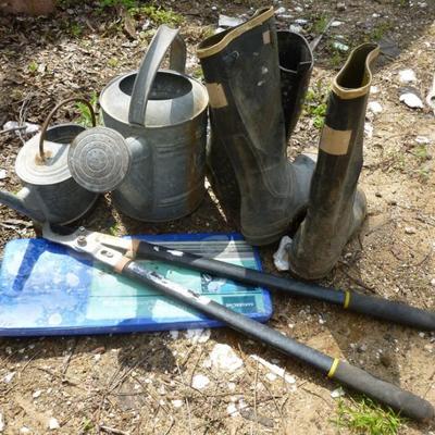 Box lot of garden supplies, boots, kneeling pad, w
