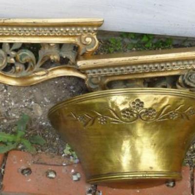 Set of 2 gold tone wall shelves with wall hanging
