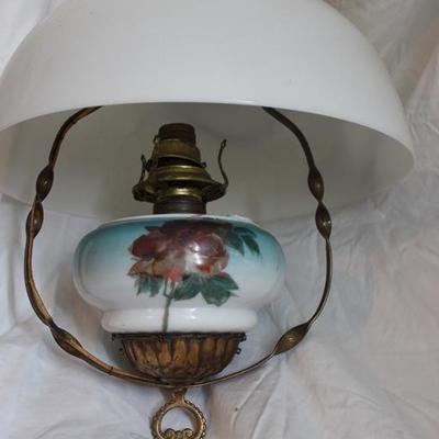 Antique hand painted hanging oil lamp converted to
