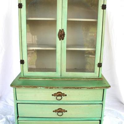 Glass front hutch on chest, doll furniture or sale
