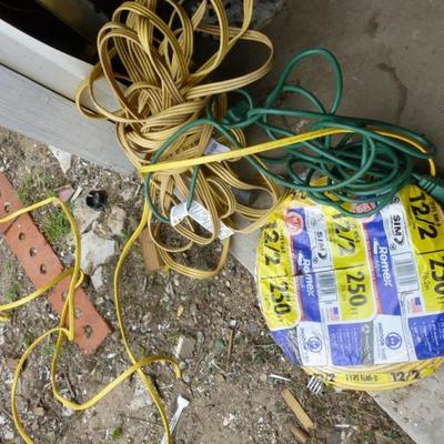 Box lot of extension cords and 120 Wire
