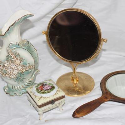 Box lot of mirrors, antique porcelain pitcher and
