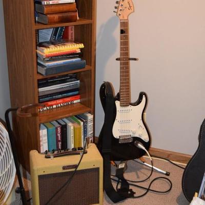 Electric Guitar, Fender Speaker, & Books