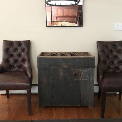 Contemporary meets Antique! Rustic Dry Sink, Mosaic Mirror, Restoration Hardware Tufted Chairs 