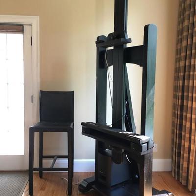 Restoration Hardware  Easel Television Stand, Bose Surround Sound Speakers, Leather Bar Stool