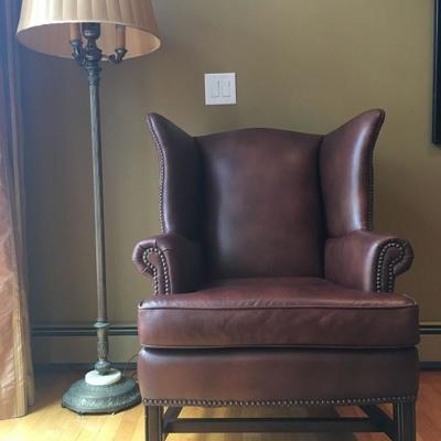Pottery Barn Leather Wingback Armchairs with Nail Head Trim