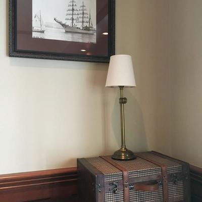 Decorative Leather Strap Case, Brass Adjustable Table Lamp, Clipper Ship Photograph 