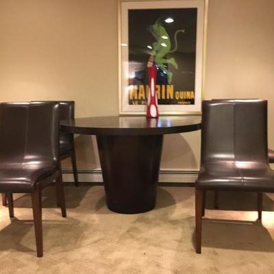 Crate and Barrel Round Table with Four Leather Chairs, Reproduction French Poster 