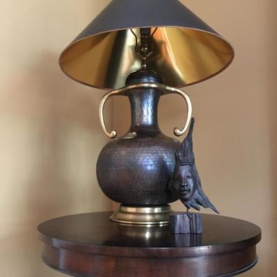 Brass Accented Hammered Copper Lamp, Carved Bust 