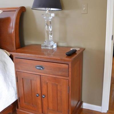 Pair of Restoration Hardware nightstands and glass lamps