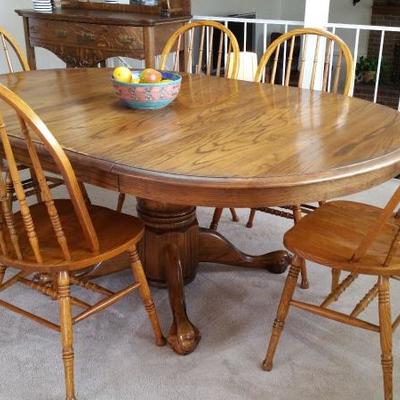 Oak Kitchen Table w/1 leaf and 5 Chairs. Other Table is Same Table Just with leaf removed.