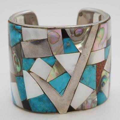 Vintage 1970s Celia Sebiri Massive Solid Sterling Silver Inlaid Cuff Bracelet. Inlaid with Turquoise, Onyx, MOP and Abalone. Signed and...