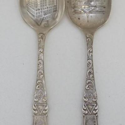 2 Antique American Early 20th c. Sterling Silver Masonic Souvenir Spoons. One from the Masonic Temple in Chicago and the other from the...