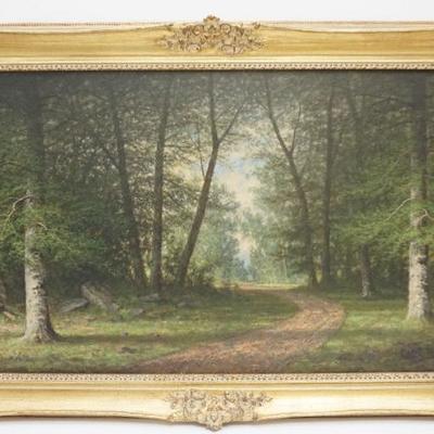 arge Original Carl Christian Brenner (1838-1888 Kentucky) Oil on Canvas Landscape. Forest path, beech trees, in exceptional period gilt...