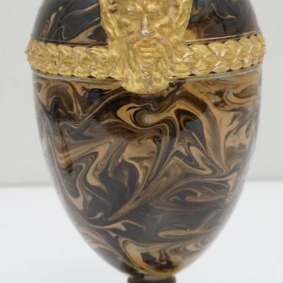 Antique 18th c. Wedgwood & Bentley agate ware vase decorated with one molded and gilded horned Bacchus head accent and laurel leaf trim....