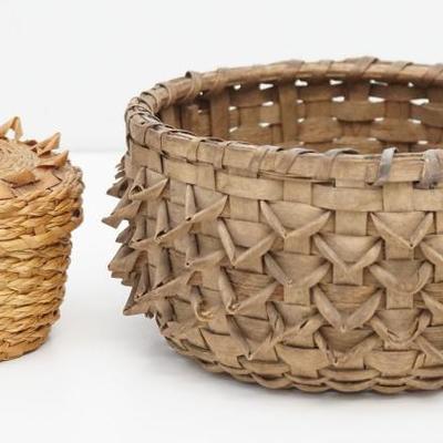 2 Vintage Micmac Native American Ash Splint Baskets c. 1930-40. One 6 1/2