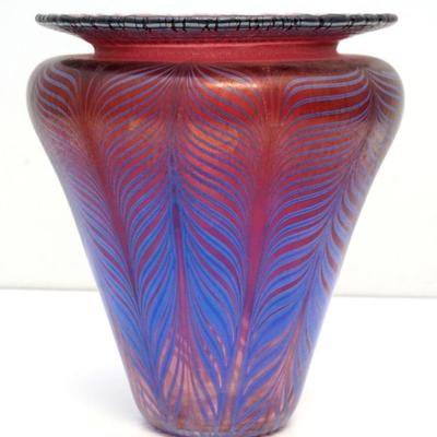 Large  Vandermark Studios Pulled Feather Vase. Cranberry with Pulled Blue Feathers Flaring Vase.  Signed 