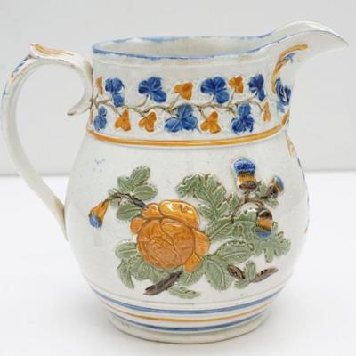 Antique c. 1790 Prattware Pottery Relief Molded Pitcher. Rose and Thistle. Good condition, overall fine crazing. Measures 7