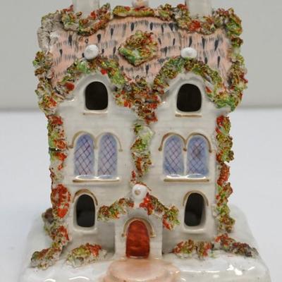 English Staffordshire Three Story Cottage Bank c. 1825 Two chimneys, lattice and open windows, flowers 3 story for the big savers. Part...