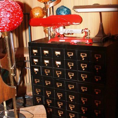 industrial scale and library card catalog file cabinet