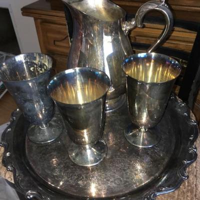 silver plate water picture and 3 silver plate glasses 