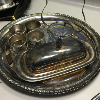 silver plate butter dish and napkin holders