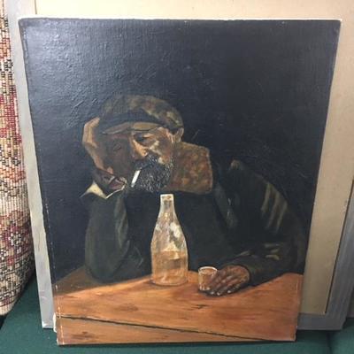 Unframed Oil Painting-Old Fisherman at Bar 18x12 signed Robert Carter 1968