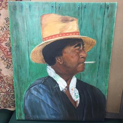 Unframed Oil Painting-Man in Panama Hat 20x16-Signed Bob Carter 1967