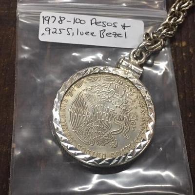 1978 100 Pesos Silver Coin in Sterling Silver Bezel/Keychain
