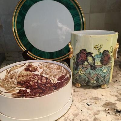 Pottery Barn Pheasant Plates, Hand Painted Porcelian Vase, Christian Dior Platter 