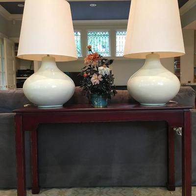 June Table Lamps, Pair, Red Lacquer Sofa Table, Semi Precious Stone Tree