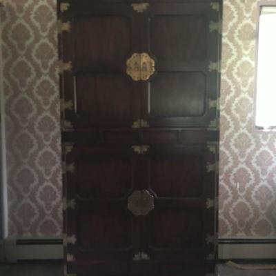 Mid Century Chinoiserie Bedroom Set, includes Armoire, Bedside Tables, King Headboard and Dresser