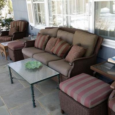 Outdoor sofa $298; Armchair and ottoman $139 each set (2 sets available); End tables $39 each; Coffee table $89.