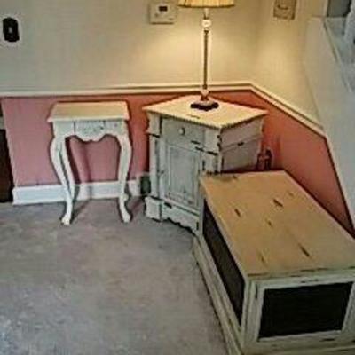 Cabinet, Lamp, Small Table, and Chest