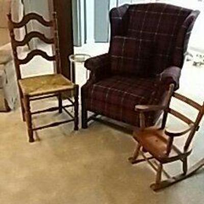 Plaid Chair, Child's Chair, Ladderback, and Table