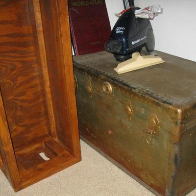 old wooden toy box and steamer trunk