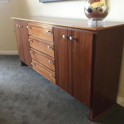 * Sideboard is 6 feet 1 inch by 1 foot 5 inches by 34 inches tall. Solid Babinga top with Cherry edge. Mahogany veneer cabinet and doors...