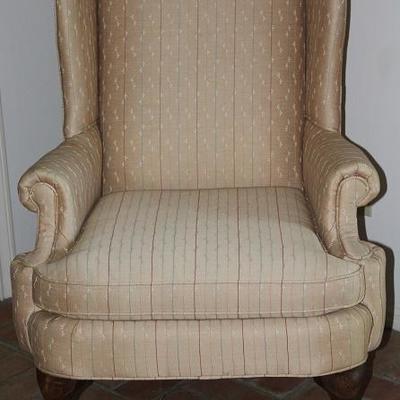 Perfection Queen Anne Style Gold Upholstered Wing Back Chair raised on Cabriole Legs
