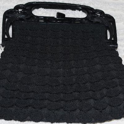 Vintage Crochet Black Handbag with Bakelite Pheasant Motif Handle/Frame 