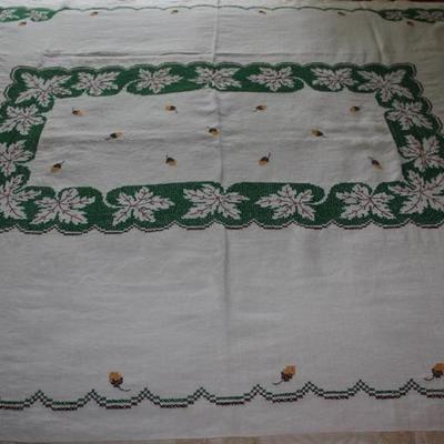 Hand Cross stitch Embroidered Linen Tablecloth (46" x  62")