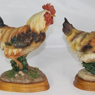 Resin Hen & Rooster Figurines on Wood Base